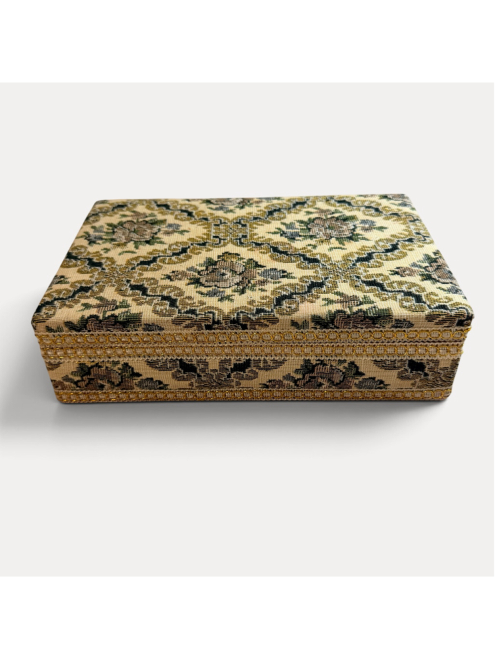Vintage Floral Tapestry Jewelry Box Red Velvet Interior Mirror Gold Trim - Picture 13 of 16